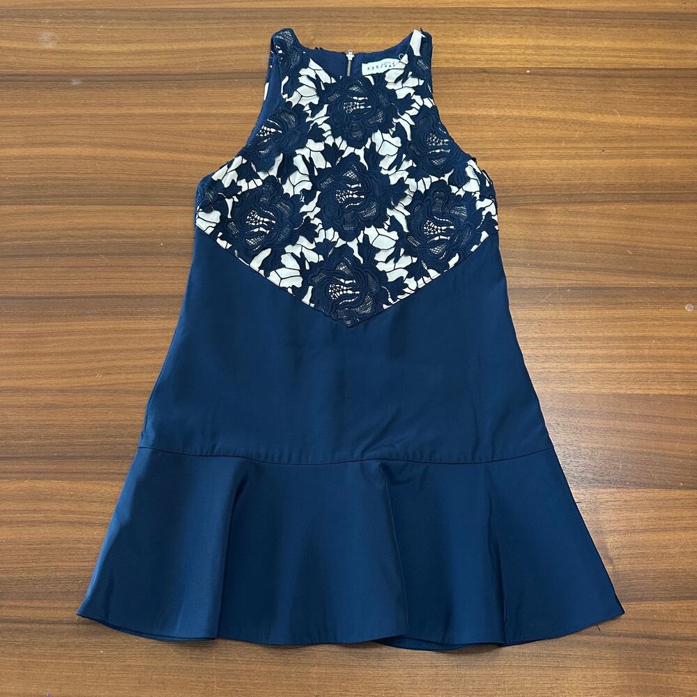 Keepsake the Label Lace Taffeta Mini Dress, Romantic Boho Navy Blue